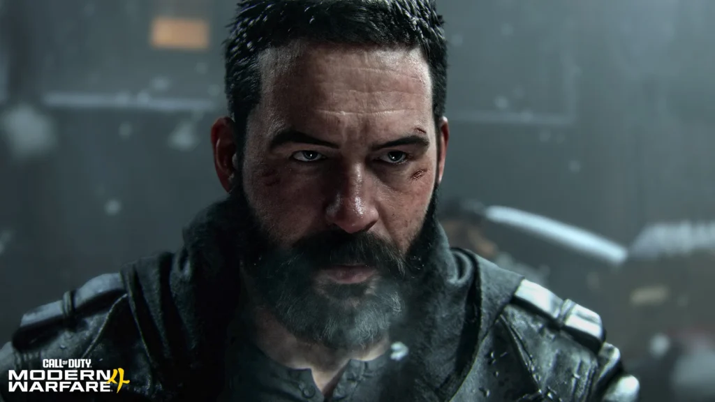 Close do Capitão Price de barba grisalha e rosto machucado na campanha de Modern Warfare 4