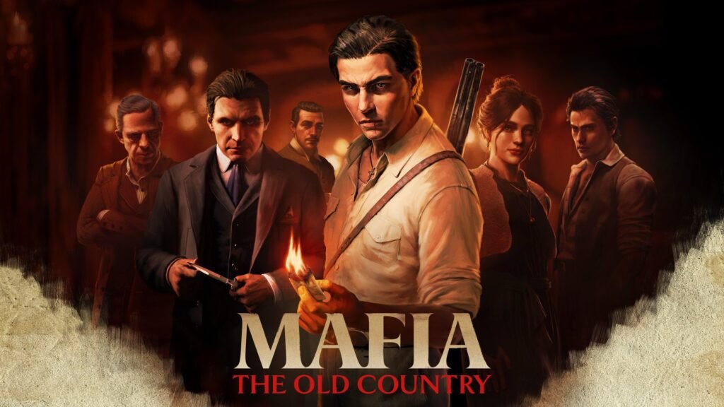 Arte de Mafia: The Old Country, do catálogo PS Plus de outubro, com Enzo segurando um fósforo aceso diante da família