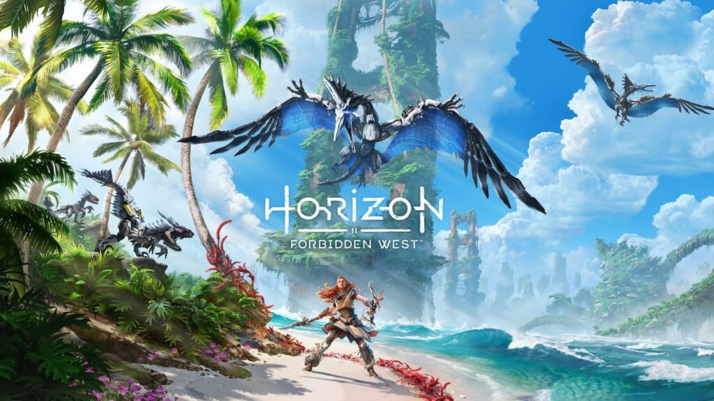 Aloy numa praia de Horizon Forbidden West com máquinas voadoras e um dinossauro robótico ao redor