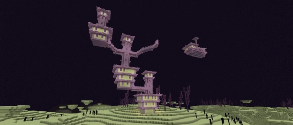 Torres roxas de uma Cidade do End no Minecraft com um navio do End flutuando ao fundo no céu escuro