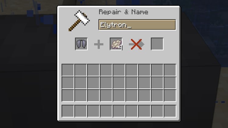 Tela da bigorna no Minecraft com uma Elytra e uma membrana de phantom para conserto