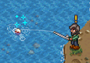 Fazendeiro fisgando um peixe num ponto de bolhas, uma dica de como pescar melhor no Stardew Valley