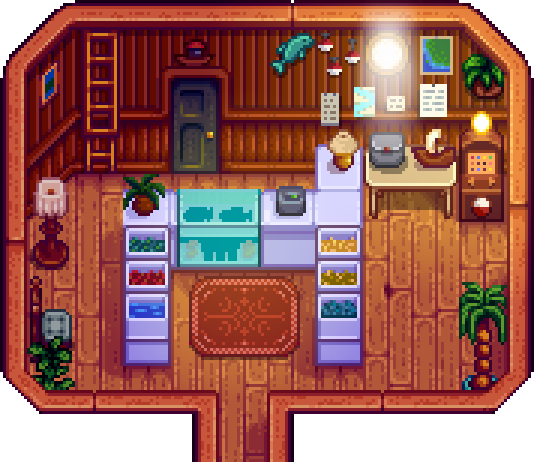 Interior da Peixaria do Willy no Stardew Valley, com balcão, aquário e prateleiras de iscas