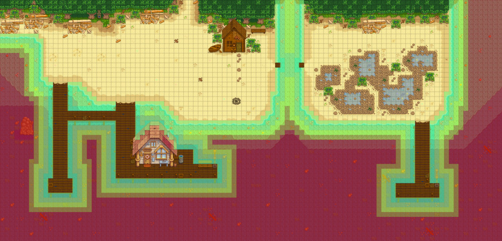 Mapa da praia do Stardew Valley com faixas coloridas que mostram a distância de cada ponto da água até a terra