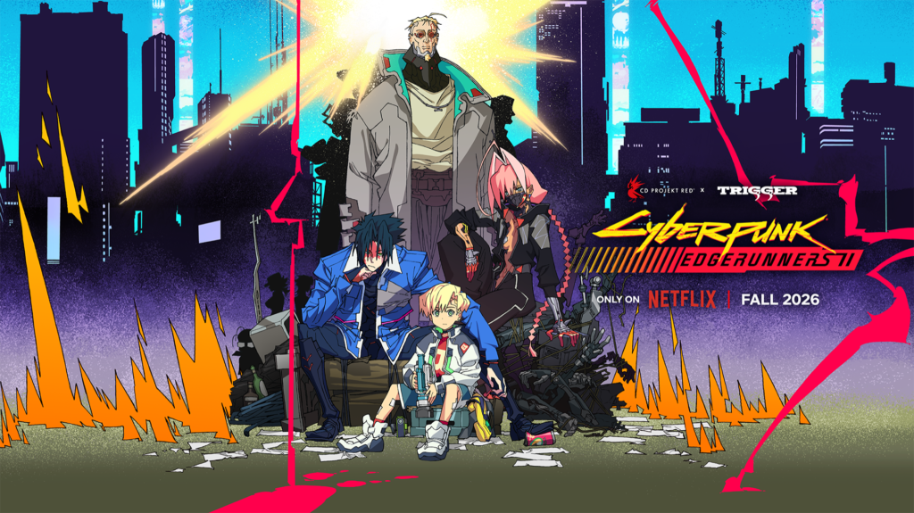 Arte do anime que inspira Cyberpunk 2077 2.5, com quatro personagens sentados sobre sucata diante da cidade
