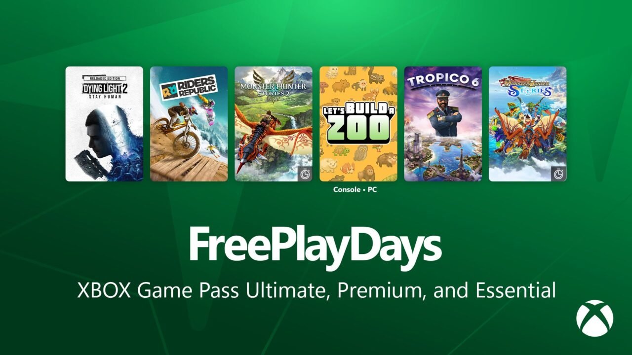 Capas de Dying Light 2, Riders Republic, Monster Hunter Stories, Let's Build a Zoo e Tropico 6 sobre fundo verde