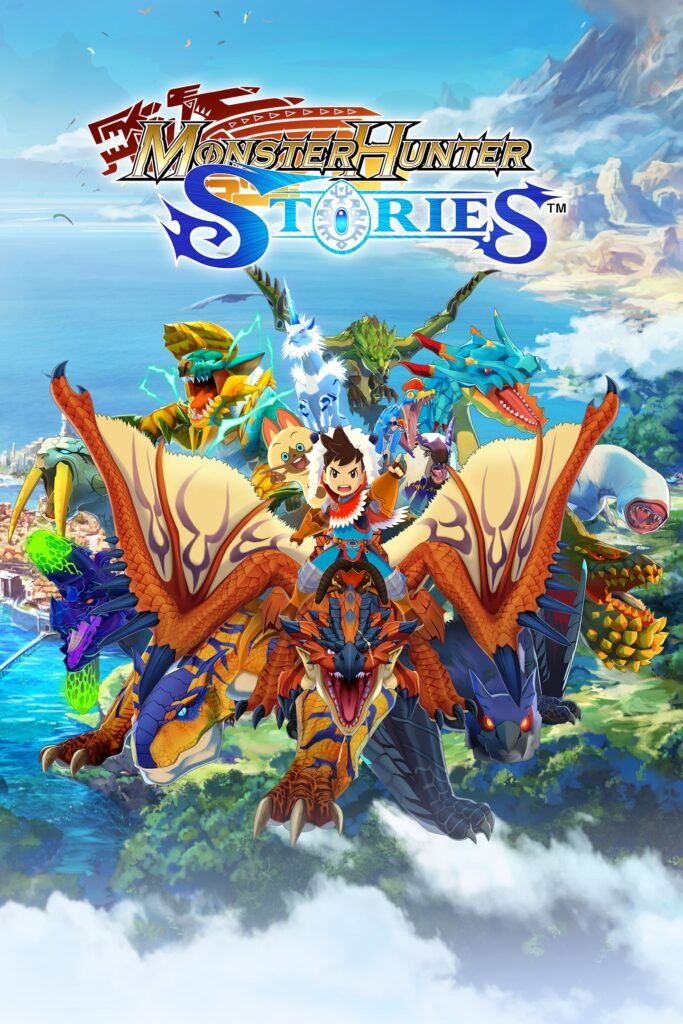 Capa de Monster Hunter Stories com o herói montado num Rathalos e vários monstros ao redor