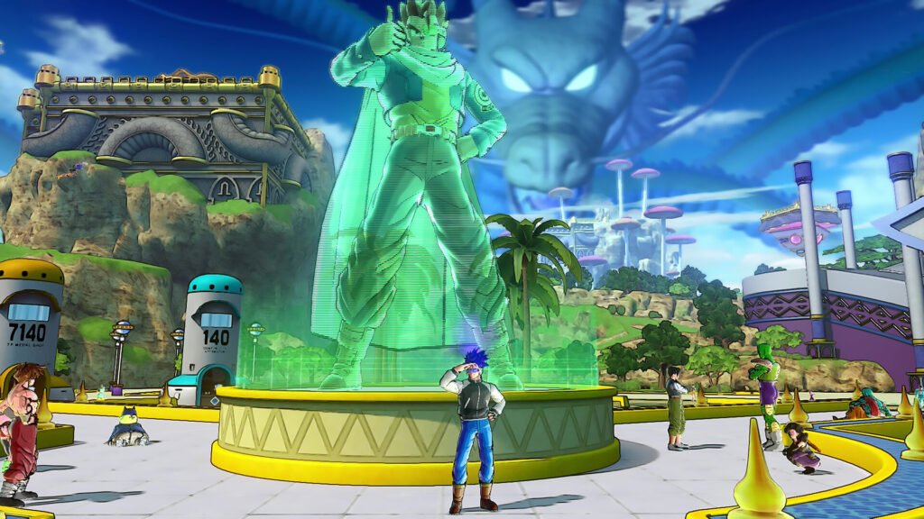 Avatar de cabelo azul diante de uma estátua verde gigante na praça de Conton City em Dragon Ball Xenoverse 2