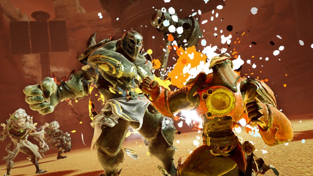 Combate de Elta: Defy All Gods: Victus, de armadura laranja, acerta um soco num inimigo grandalhão numa arena de areia