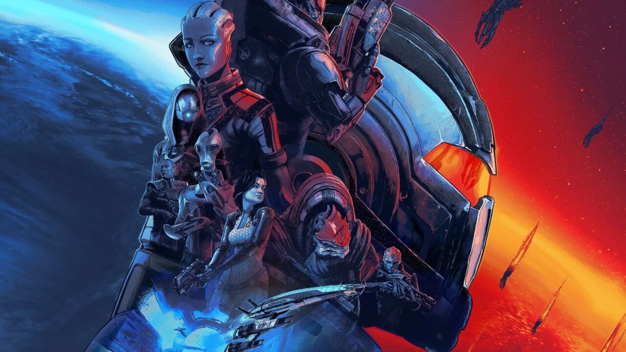 Arte de Mass Effect Legendary Edition com Liara, Garrus, Wrex e outros personagens diante do capacete N7