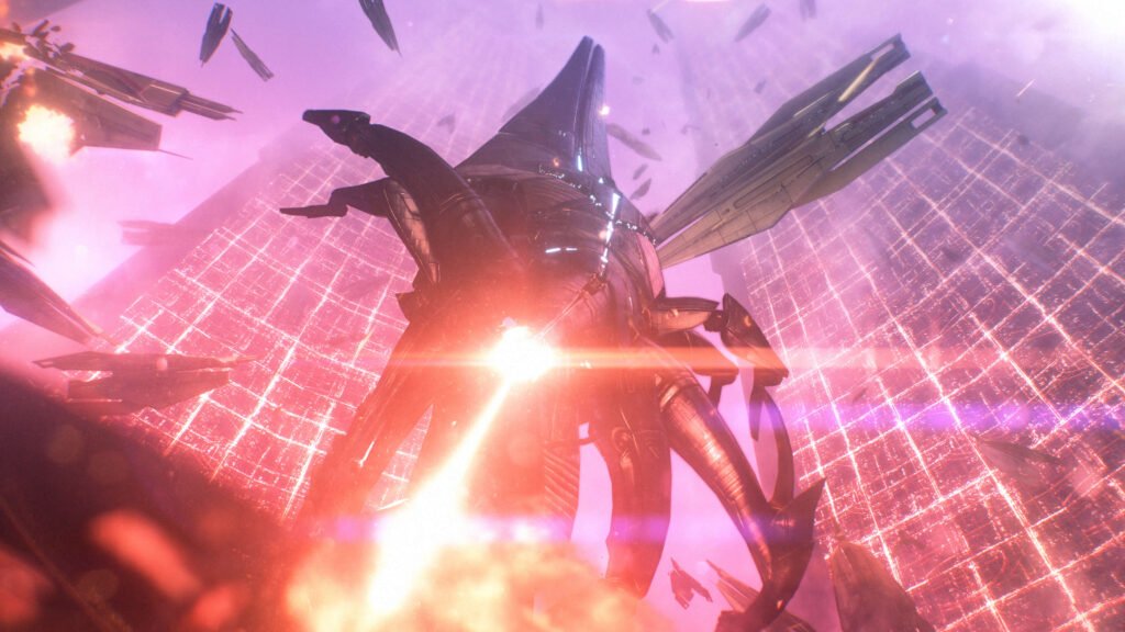 Nave Reaper atacando uma cidade em Mass Effect, série que ficou sem casa com o fechamento da BioWare