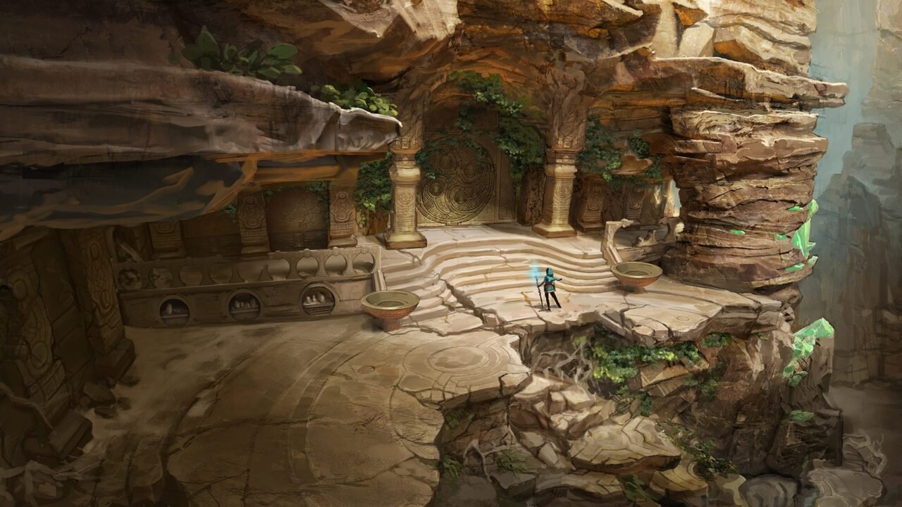 Arte conceitual de Kena: Scars of Kosmora com Kena e o cajado brilhando num templo de pedra encravado num penhasco