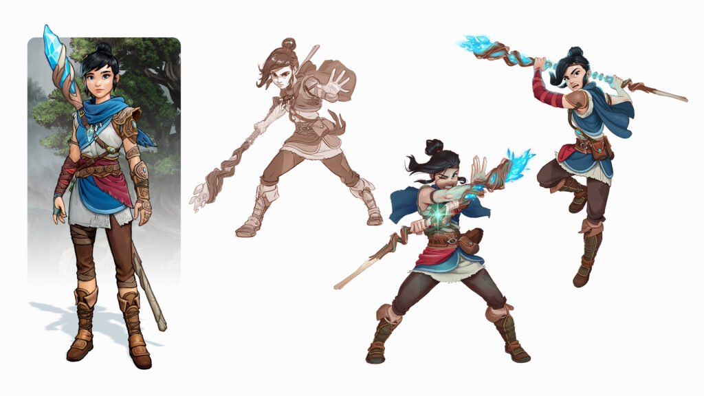 Ficha de personagem de Kena em várias poses de combate segurando o cajado espiritual