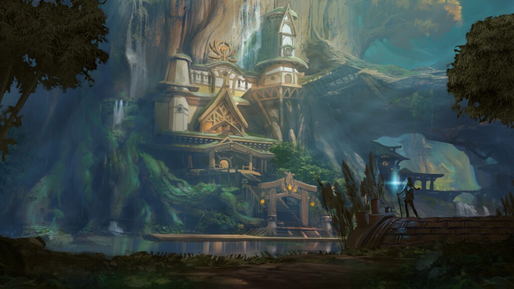 Arte de Kosmora com uma vila construída numa árvore gigante, cachoeiras e Kena numa ponte de pedra