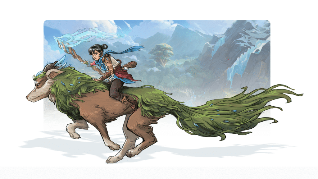 Ilustração de Kena montada no companheiro canino, um espírito ancestral com cauda de musgo, correndo