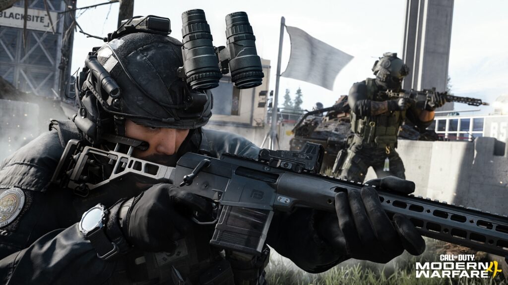 Operador com óculos de visão noturna mira um fuzil numa partida do multiplayer de Modern Warfare 4
