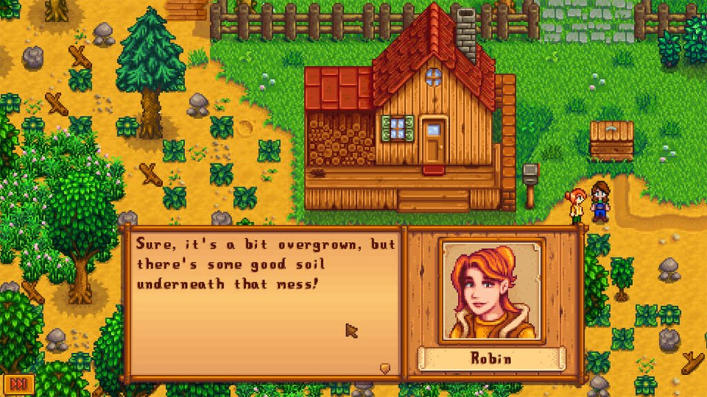 Robin conversa com o fazendeiro diante da casa, com o terreno de Stardew Valley tomado por mato e pedras