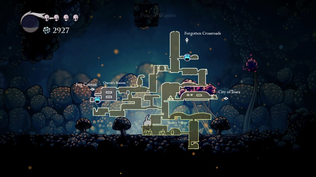 Mapa de Fungal Wastes com Mantis Village e City of Tears, parte da ordem para jogar Hollow Knight