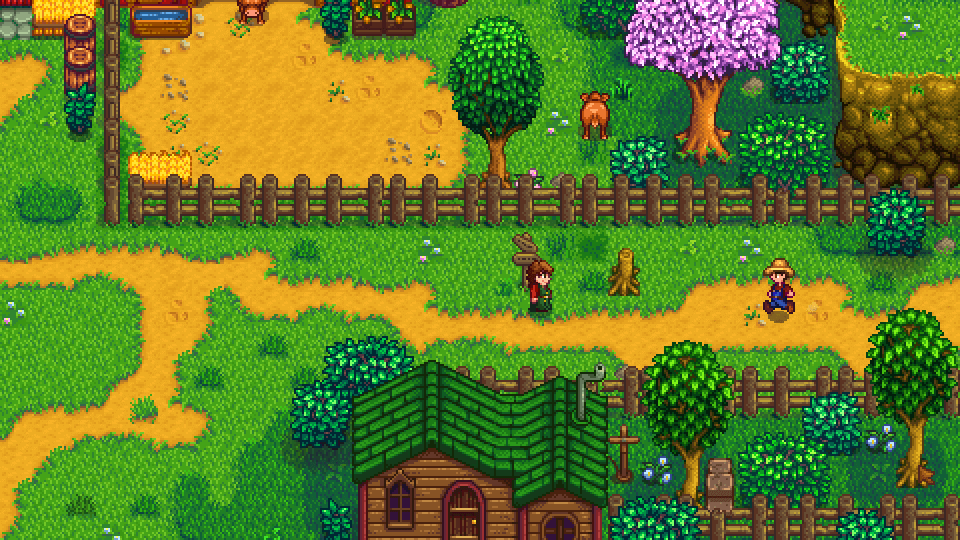 Personagens andando pelas trilhas de terra da Vila Pelicanos na primavera, perto de uma árvore de flores rosa