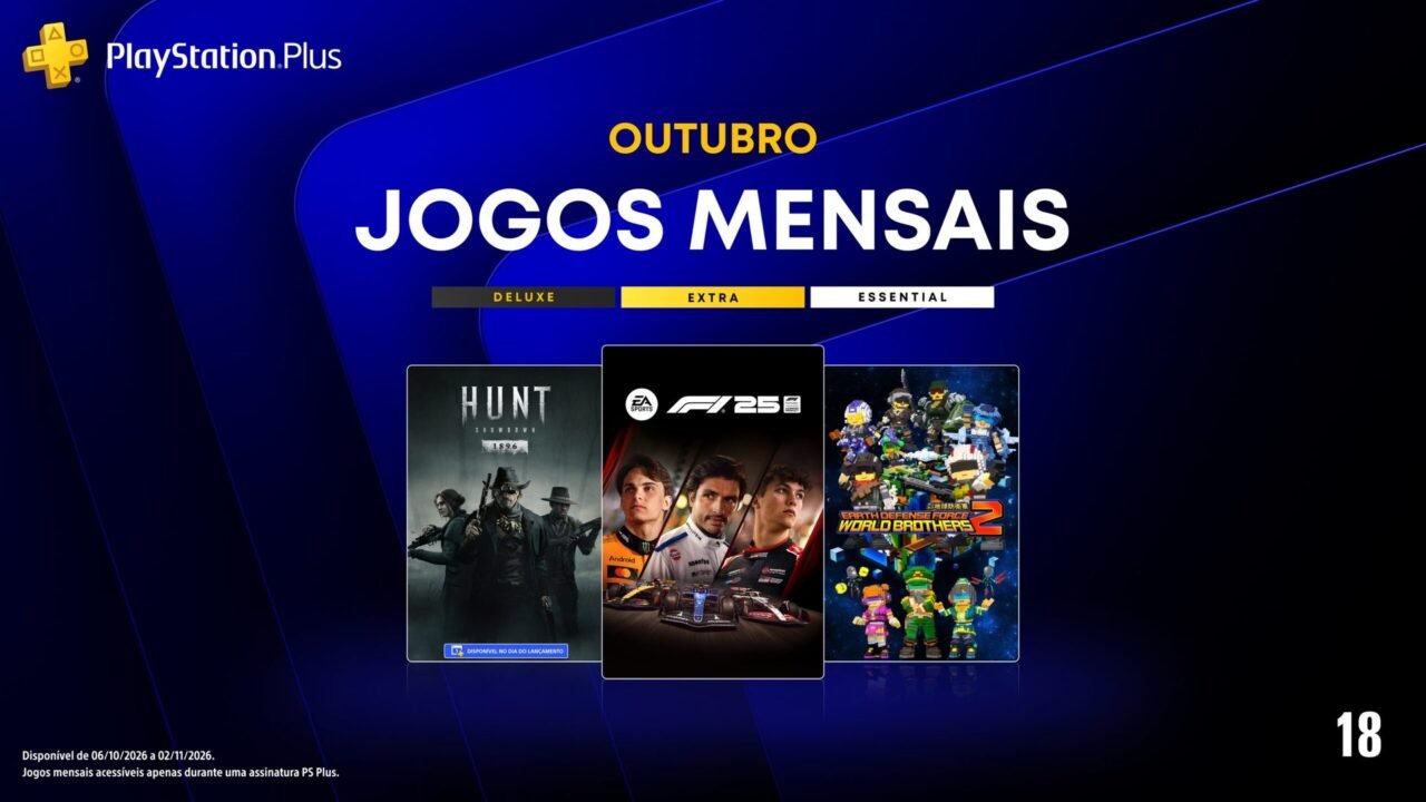 Arte oficial dos jogos mensais do PlayStation Plus de outubro com as capas de Hunt, F1 25 e EDF World Brothers 2
