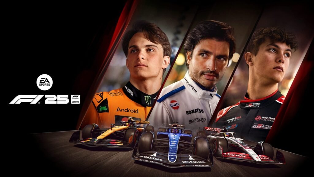 Arte de F1 25, jogo do PS Plus de outubro, com três pilotos e carros da McLaren, Williams e Haas na pista