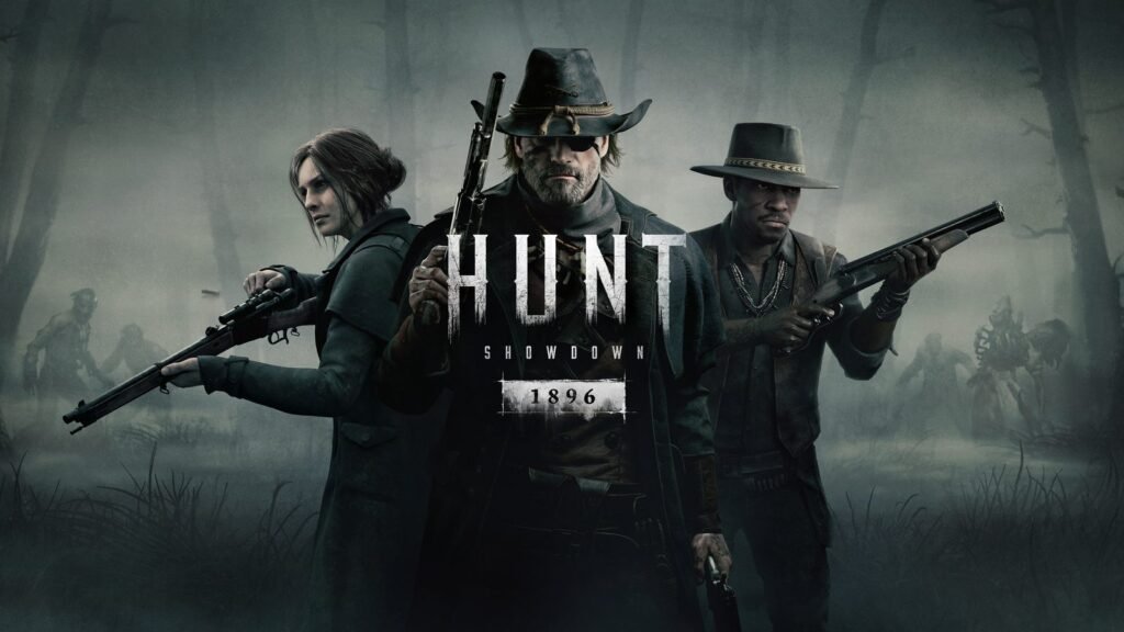 Três caçadores armados com rifles e chapéus num pântano enevoado na arte de Hunt: Showdown 1896