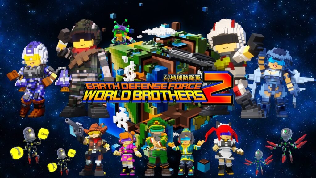 Soldados em estilo voxel ao redor de uma Terra quadrada no espaço na arte de Earth Defense Force: World Brothers 2