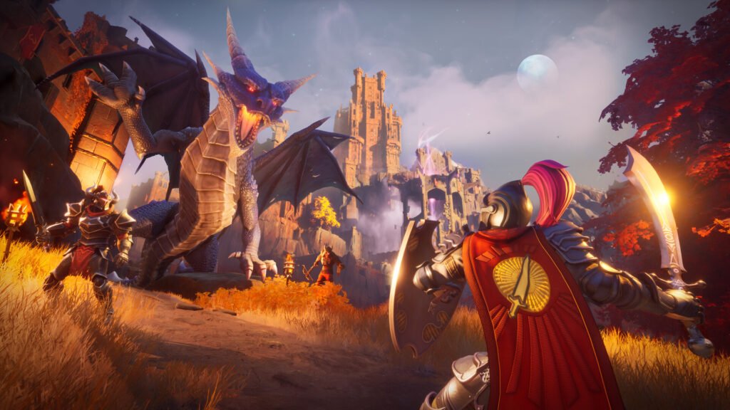 Cavaleiro de capa vermelha enfrenta um dragão roxo em Dragonwilds, jogo cuja região inspira RuneScape 4