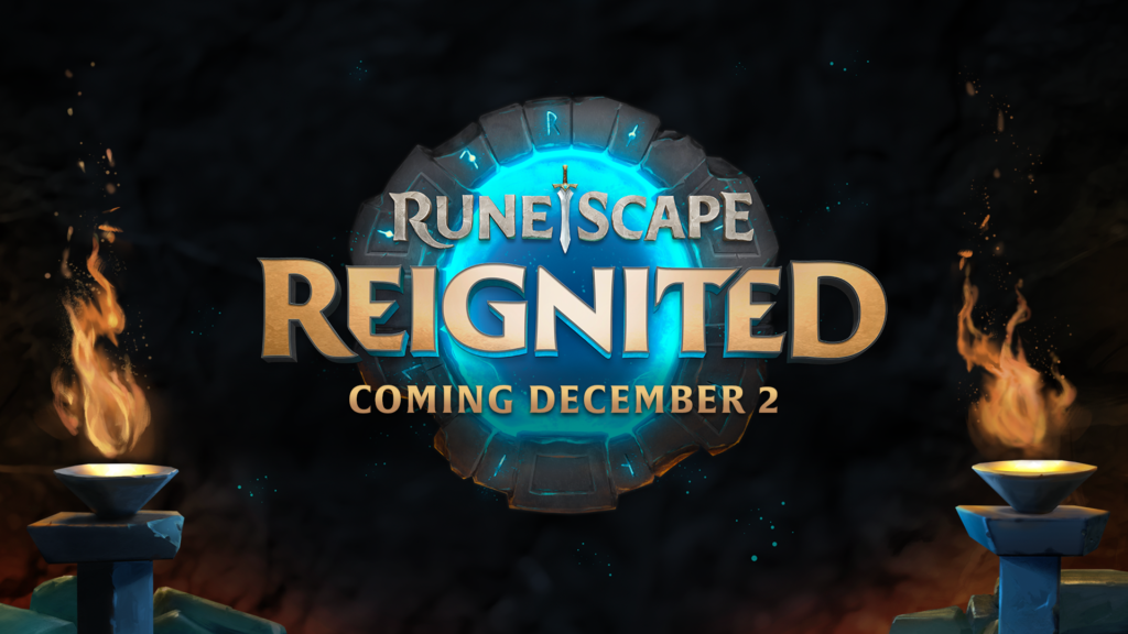 Logo de RuneScape Reignited num portal de pedra com runas azuis, entre duas tochas, com a data de 2 de dezembro