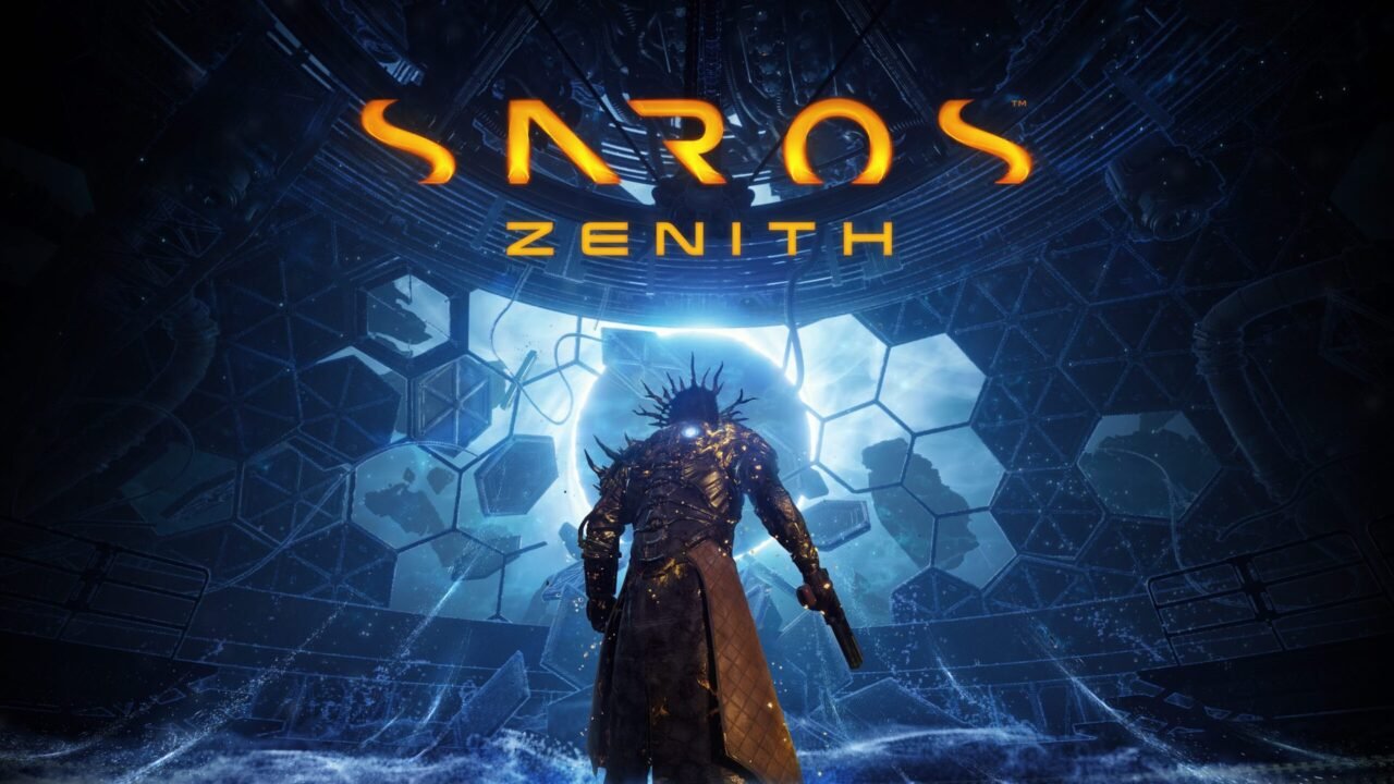 Arte de Saros: Zenith com Arjun de costas diante de um portal de luz azul cercado de hexágonos