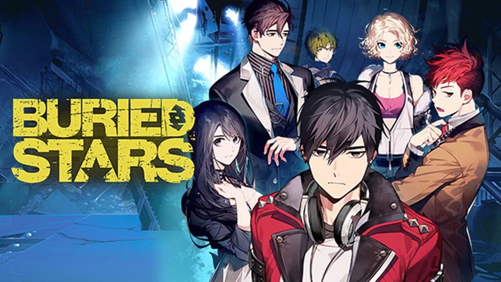 Arte de Buried Stars com o logo amarelo e seis personagens em estilo anime num estúdio destruído
