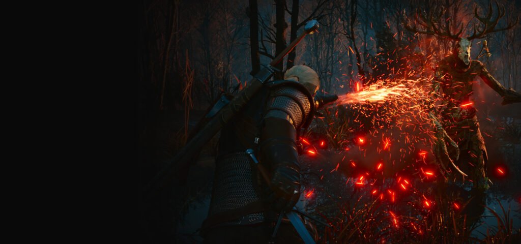 Geralt lançando o sinal Igni contra um leshen com crânio de cervo num pântano, em The Witcher 3 Remastered