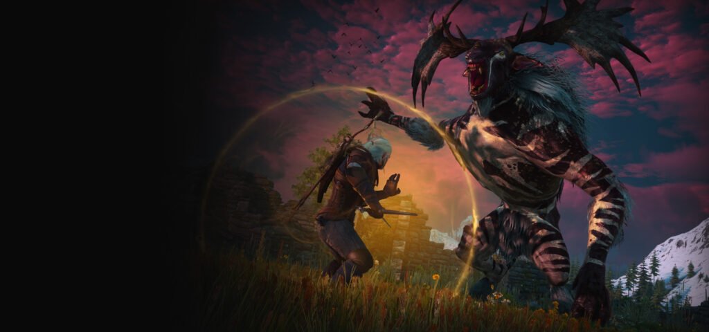 Geralt protegido pelo escudo dourado do sinal Quen enquanto um demônio de chifres o ataca num campo