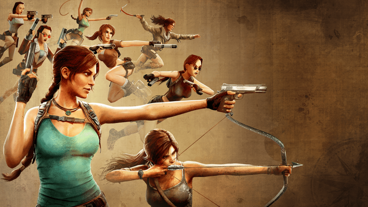 Várias versões de Lara Croft ao longo dos anos, com pistolas e arco, sobre um fundo sépia