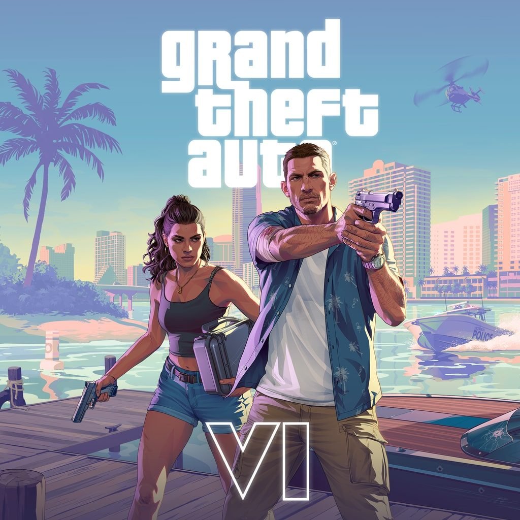 Capa de GTA VI, jogo do trailer de lançamento, com Jason apontando uma pistola e Lucia com uma maleta num píer