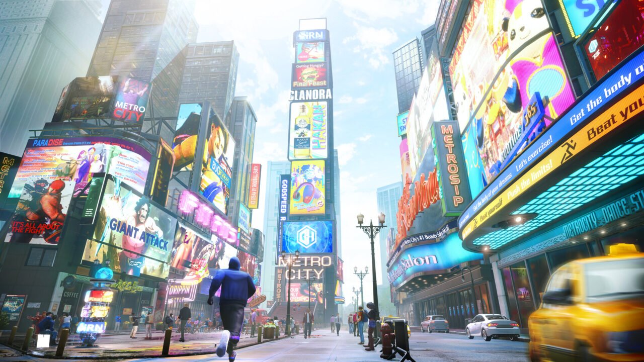 Personagem correndo por uma avenida cheia de telões e luzes em Metro City, no Street Fighter 6