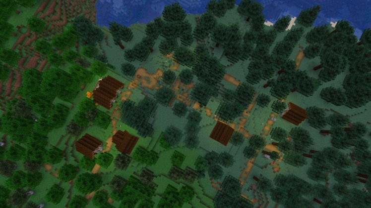 Vila de villagers no Minecraft vista do alto, com casas de madeira escura no meio de uma floresta de pinheiros
